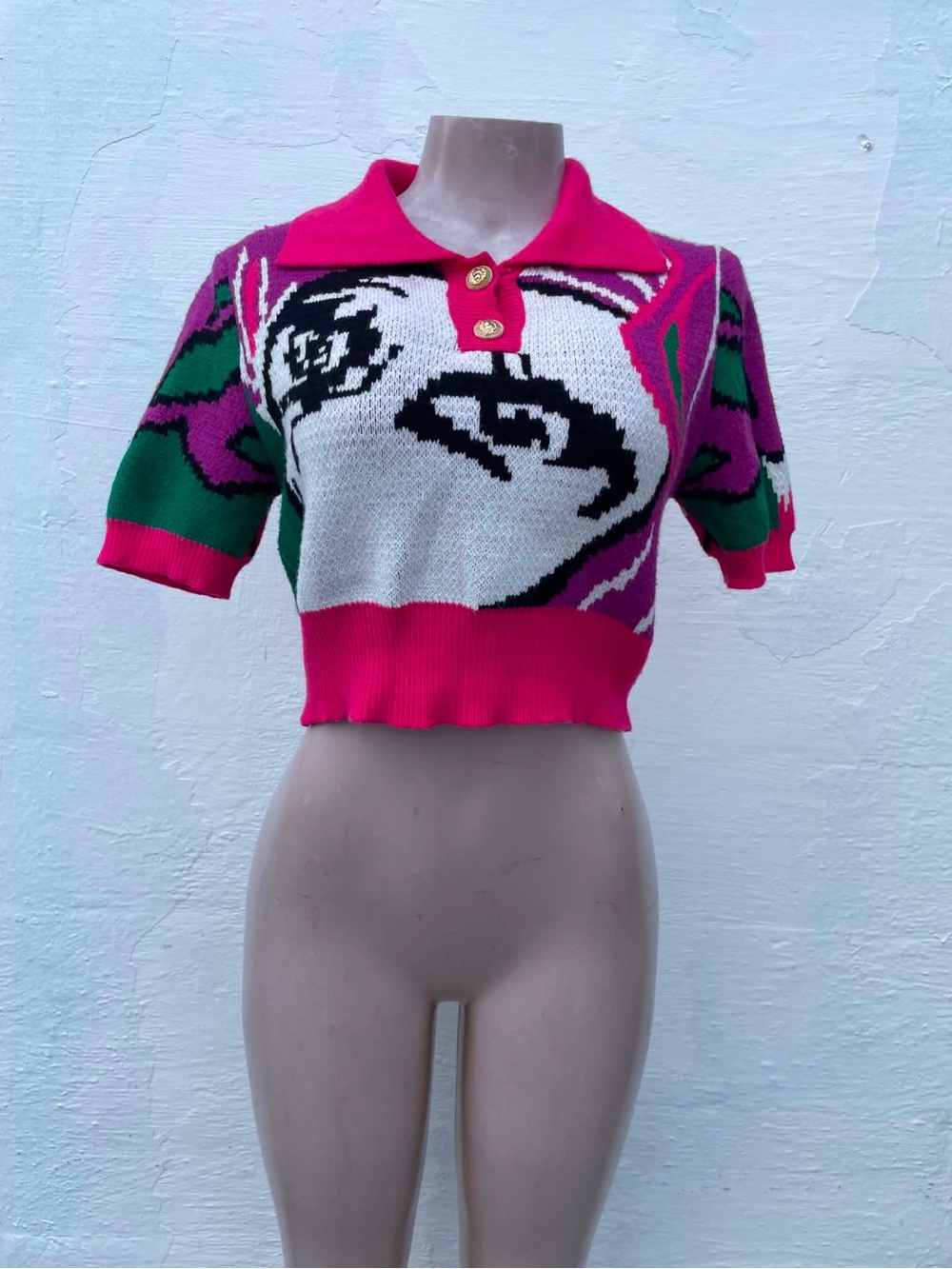 Impulsive Cropped Pink, Green & White Knit Polo Top